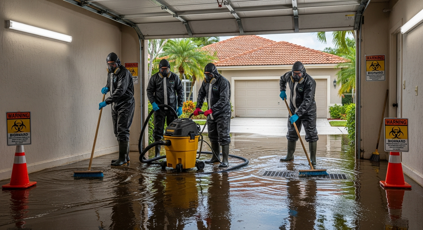 Professional sewage backup cleanup crew with protective equipment in South Florida
